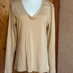 Ralph Lauren Beige V-Neck Long Sleeve Top with Shoulder Buttons